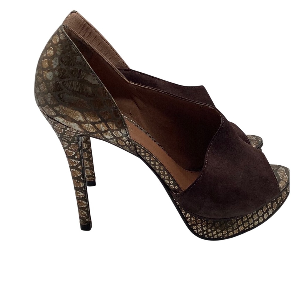 Arezzo Brown Suede Metallic Gold Snakeskin Platform Peep Toe d'Orsay Heels